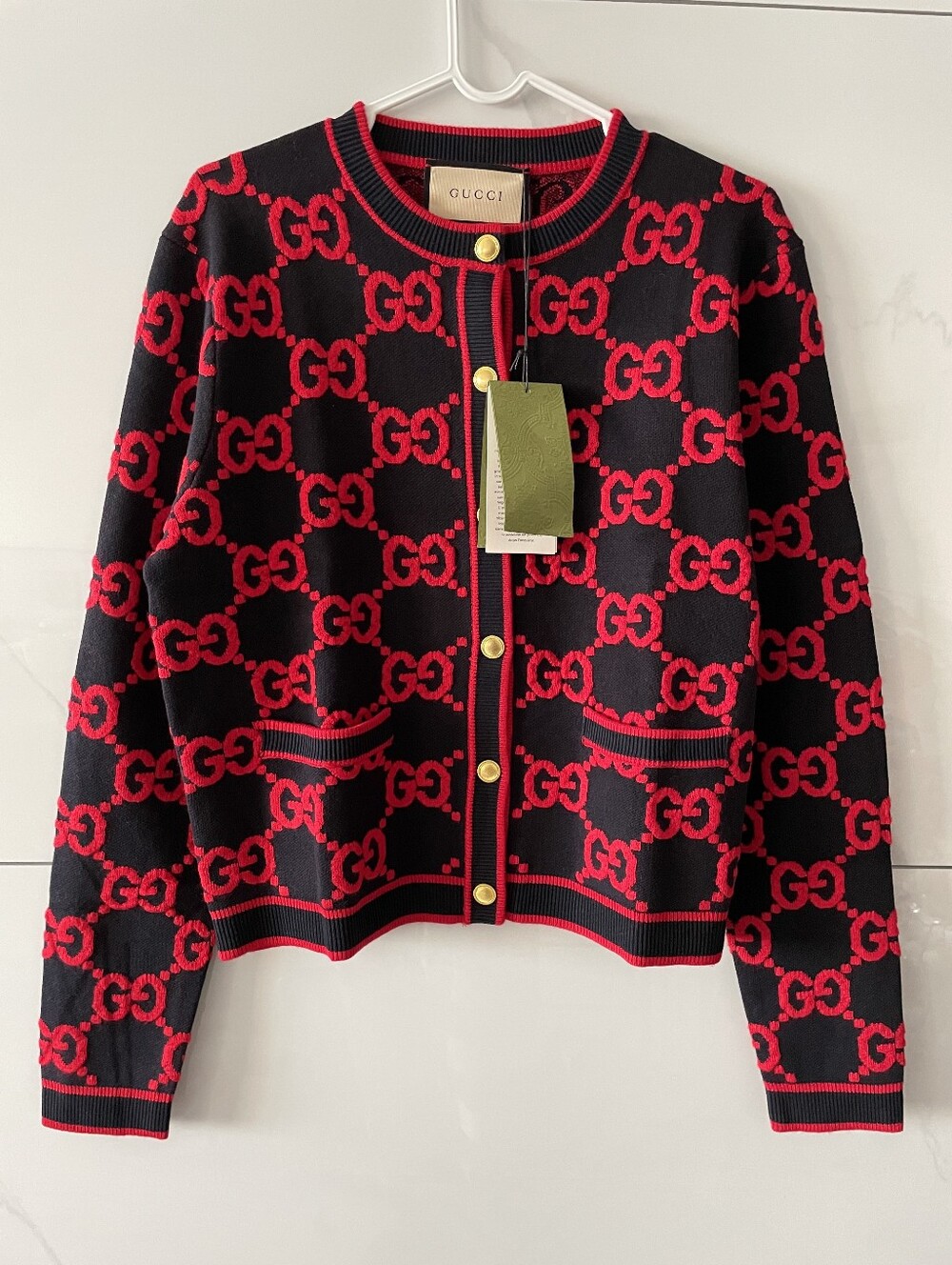 Gucci Black & Red GG Jacquard Wool Cardigan Sweater